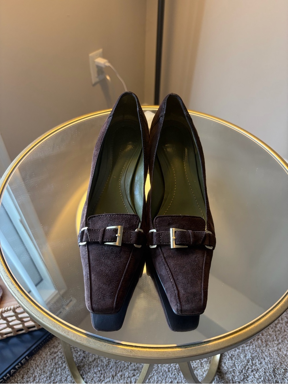 Ann Taylor Dark Brown Suede Mid-Heel Pumps with Buckle
